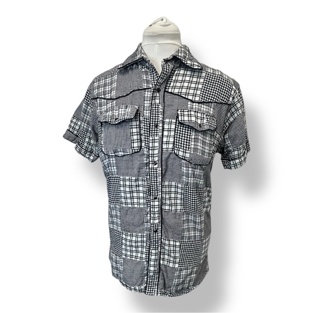 P.O.V. Men's Onyx Check Plaid Patchwork Snap Short Sleeve Shirt Black/White M